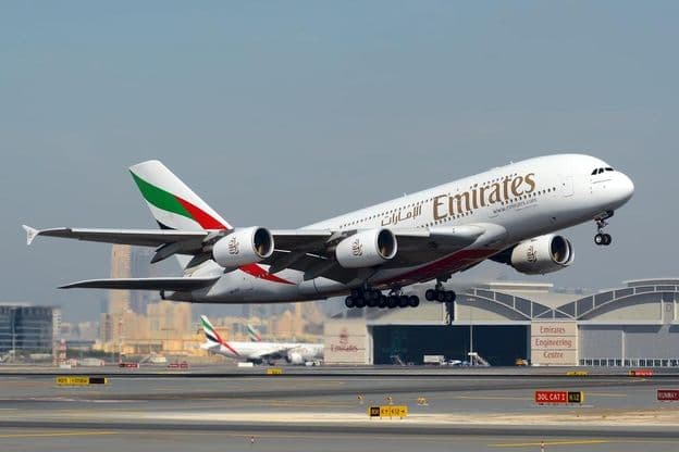 Letecké spoločnosti Emirates Airbus EADS A380 super jumbo veľké osobné lietadlo.