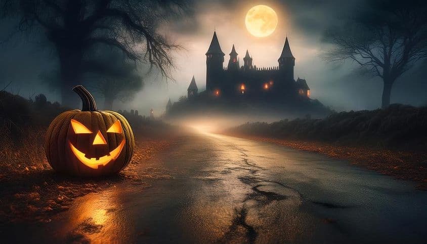 Halloweenská noc s vydlabanou svietiacou tekvicou a strašidelným zámkom v pozadí.