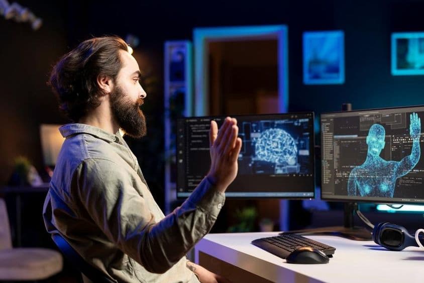 Vývojár kóduje AI program a zdraví siluetu človeka na monitore.