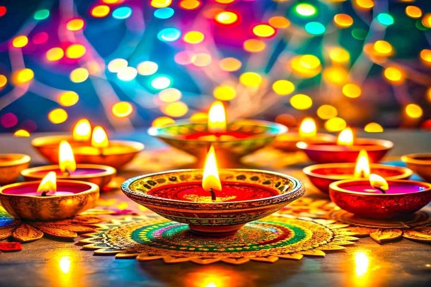 Diwali slávnostné lampy na stole.