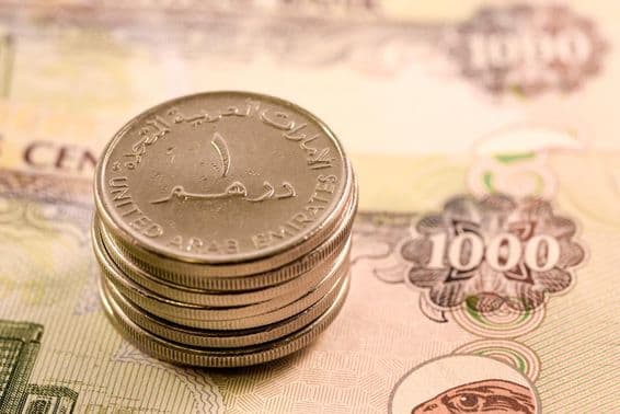 Mena SAE: 1000 dirhamová bankovka a 1 dirhamová minca.