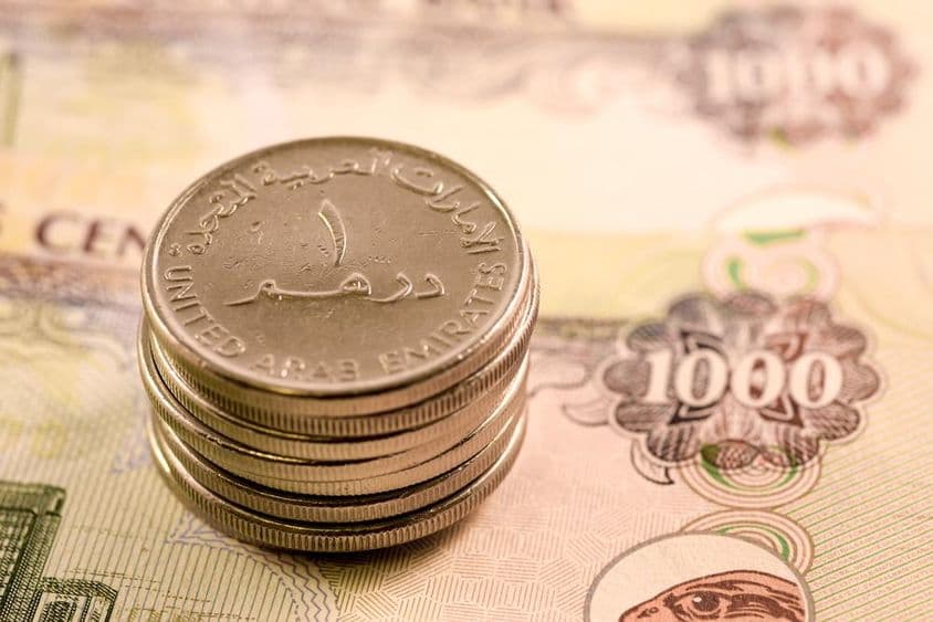 Mena SAE: 1000 dirhamová bankovka a 1 dirhamová minca.