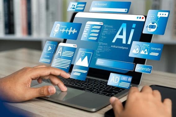 Notebook zobrazujúci hologram AI ovládaný ľudskou rukou na dotykovej ploche.