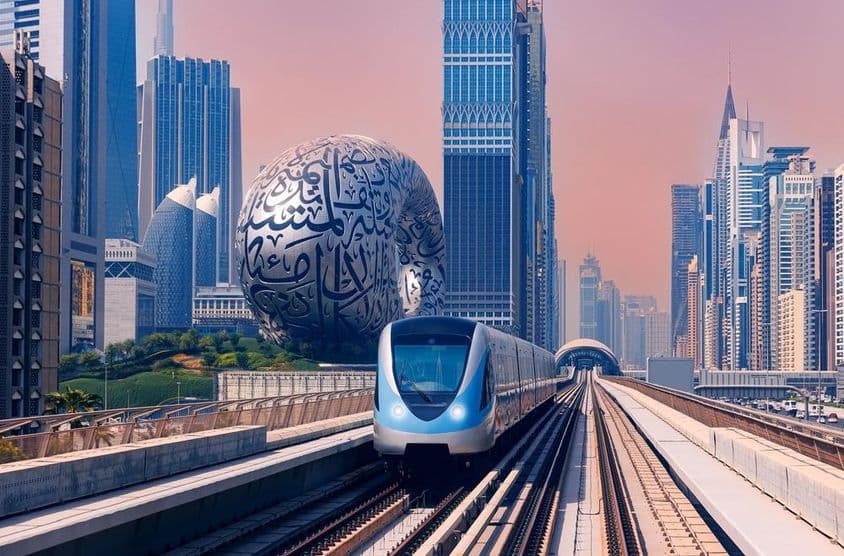 Dubajské metro s múzeom Budúcnosti a mrakodrapmi v pozadí.