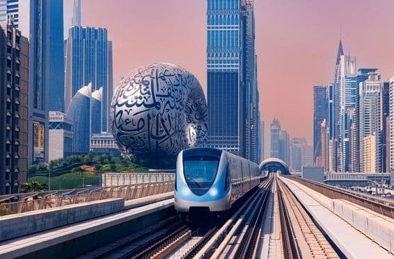 Dubajské metro s Múzeom budúcnosti v pozadí.