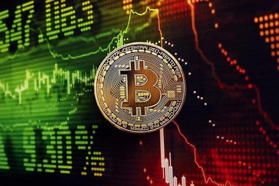 Bitcoinová minca s grafom akciového trhu v pozadí.