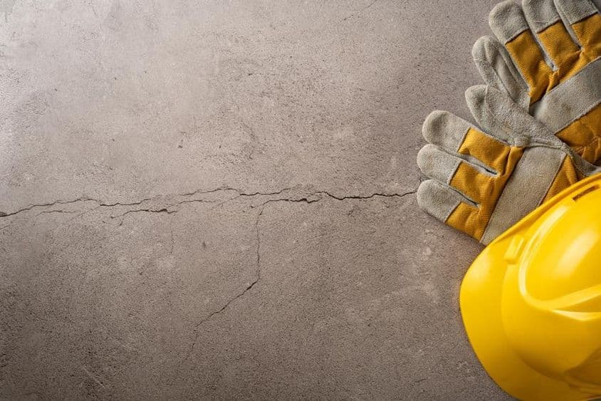 Čas na pauzu, žltá prilba a pracovné rukavice položené na popraskanej betónovej ploche.