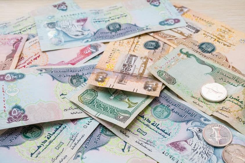 Bankovky a mince dirhamov Spojených arabských emirátov.