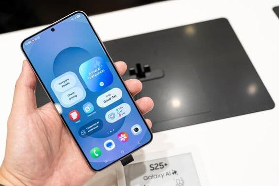 Samsung Galaxy S25+ držaný v ruke v obchode.