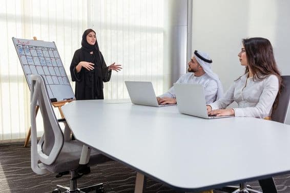 Arabskí zamestnanci spolupracujúci na tímovom stretnutí, prezentujúci nápady.