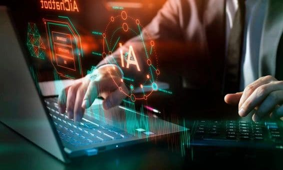 Technológia AI, umelá inteligencia na pracovisku, grafické a digitálne prvky.