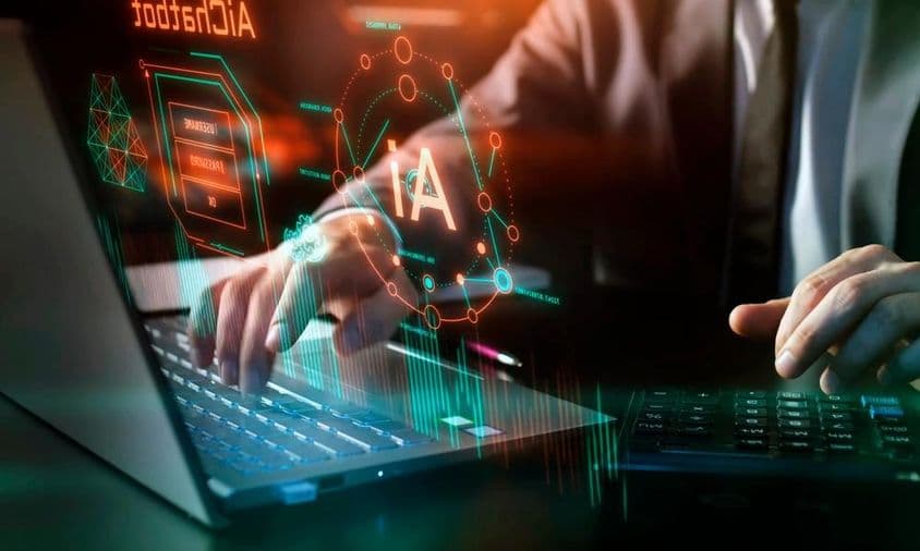 Technológia AI, umelá inteligencia na pracovisku, grafické a digitálne prvky.