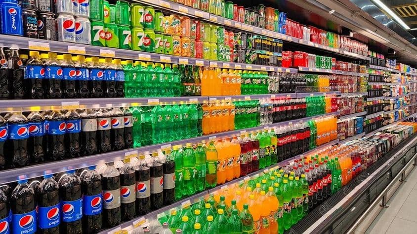 Rôzne sýtené nápoje na predaj v hypermarkete v Dubaji.