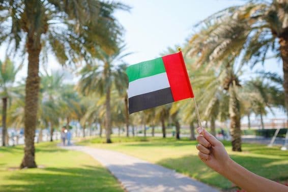 Ruka ženy držiaca miniatúrnu vlajku Spojených arabských emirátov v parku v Abú Zabí.