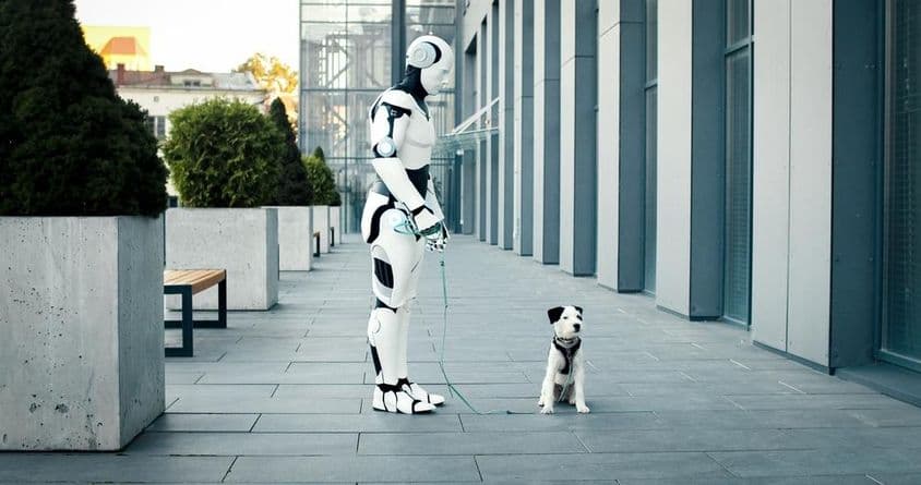 Robot s umelou inteligenciou, ktorý ráno venčí psa.