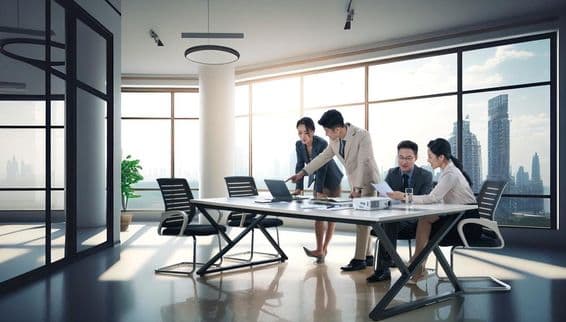 Podnikatelia diskutujúci o práci v kancelárii.