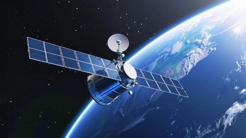 Moderný satelit pre vesmírnu komunikáciu a telekomunikáciu.