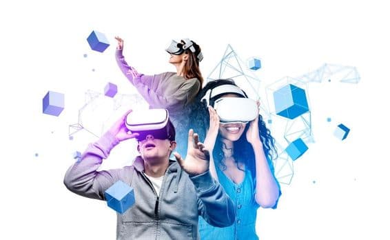 Mladí ľudia nosiaci VR headsety.