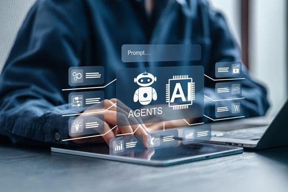 Obchodní profesionáli používajúci AI platformy s AI agentmi.