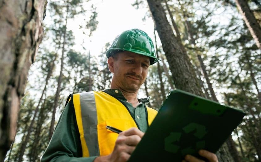 Environmentálny inžinier, ktorý si robí poznámky v lese.