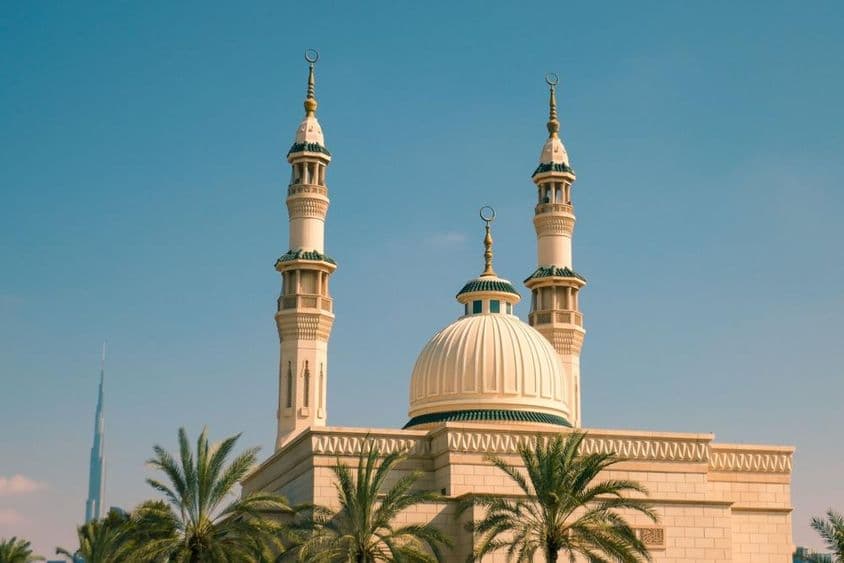 Mešita Jumeirah obklopená palmami na slnku, Dubaj.