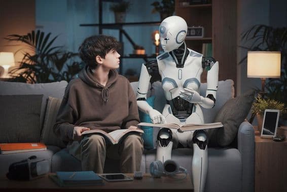 Inovatívny AI robot učiteľ pomáha tínedžerovi s domácou úlohou.