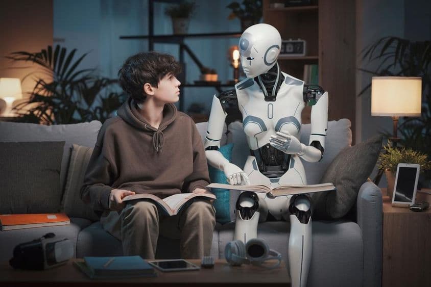 Inovatívny AI robot učiteľ pomáha tínedžerovi s domácou úlohou.