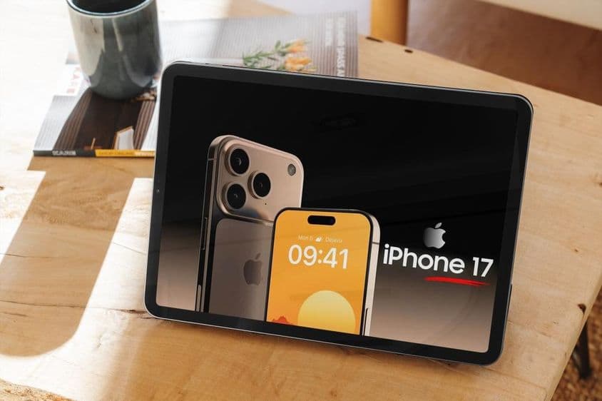 Reklama na iPhone 17 na tablete, umiestnená na drevenom stole.