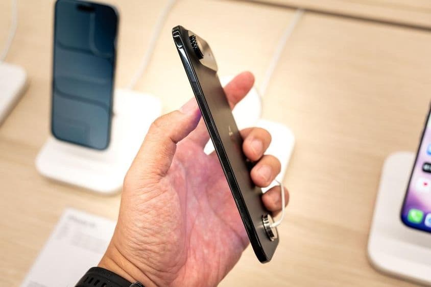 Drží nový iPhone 17 Air v obchode.