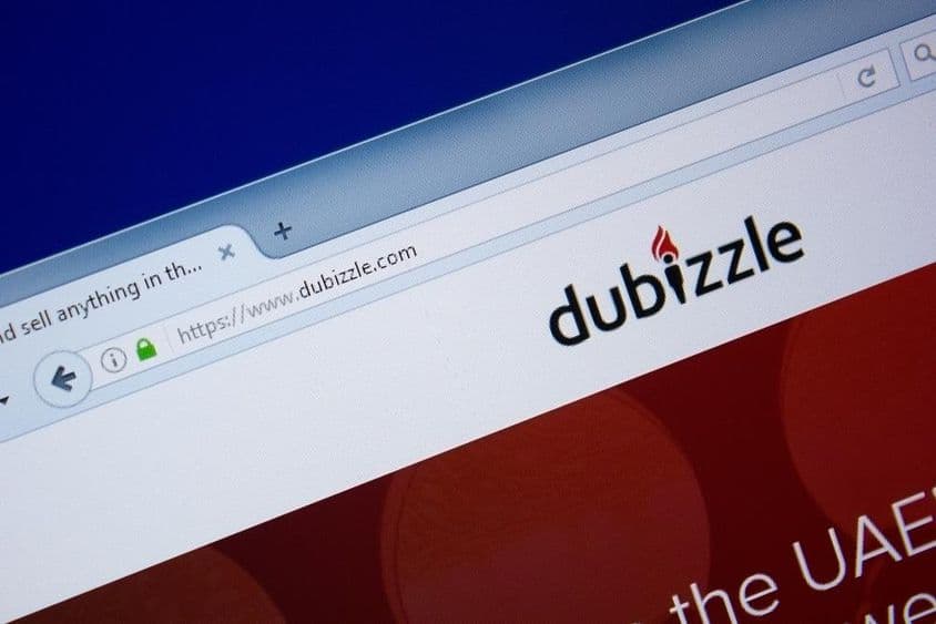 Hlavná stránka webu Dubizzle na obrazovke PC.