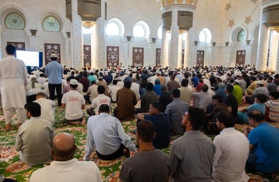 Ľudia sa zúčastňujú piatkovej modlitby v mešite Sheikh Zayed, Abú Zabí.