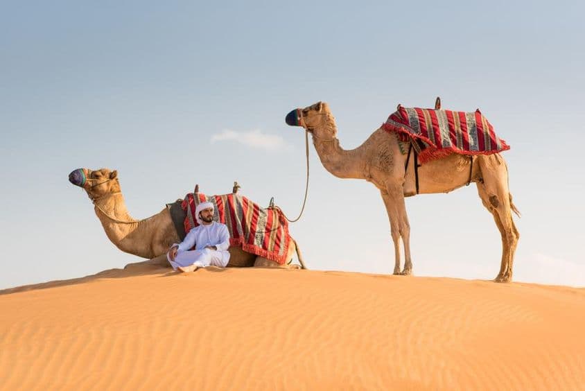 Arabský muž v tradičnom oblečení Kandura s dvoma ťavami v púšti.