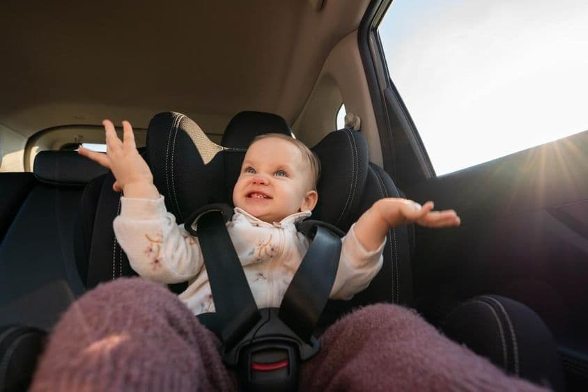 Šťastné dieťa tlieskajúce v autosedačke počas rodinného výletu.