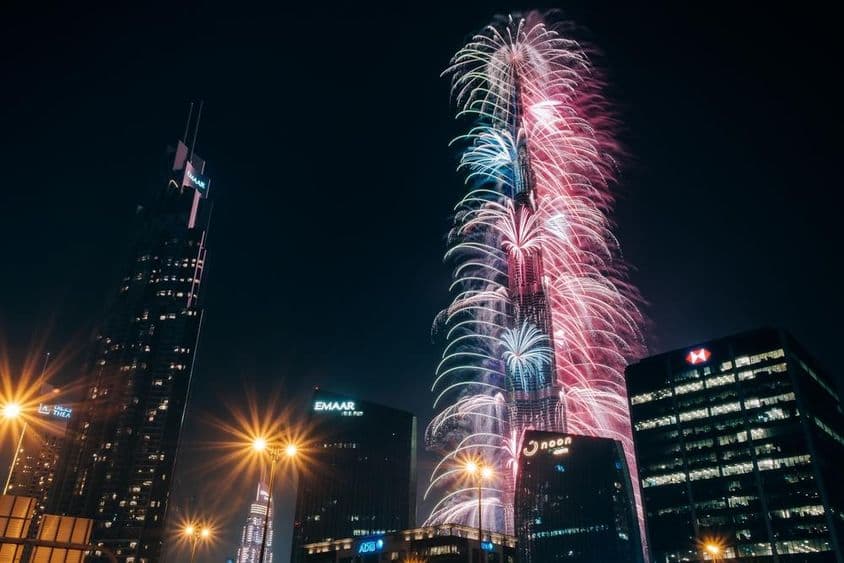 Úchvatné ohňostroje na Silvestra pri Burj Khalifa, najvyššej budove sveta.
