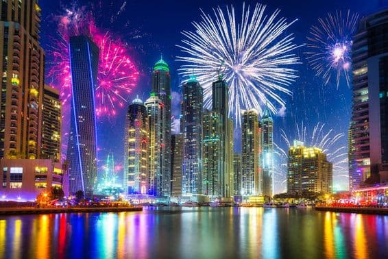 Novoročné ohňostroje v Dubaji, Spojené arabské emiráty.