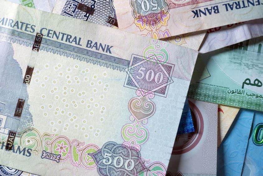 AED, bankovka a minca, Spojené arabské emiráty.