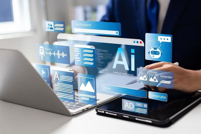 Muž používajúci laptop na prístup k nástrojom umelej inteligencie.