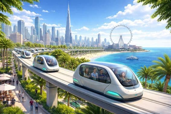 Kapsuly Glydways na pobreží Dubaja.