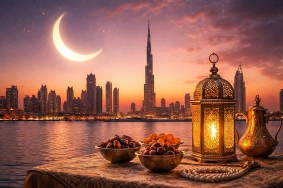 Silueta Dubaja pri západe slnka počas Ramadánu.