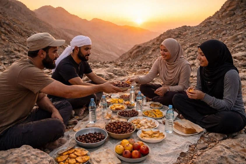 Západ slnka Iftar v horskom tichu