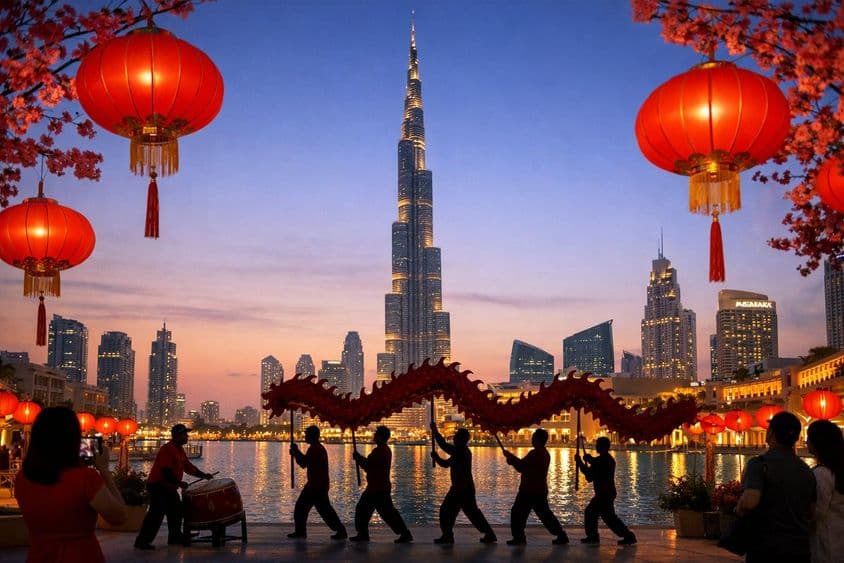 Svetlá čínskeho nového roka medzi dubajskými mrakodrapmi.