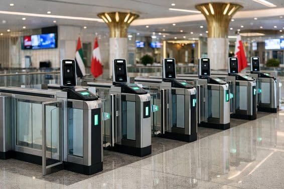 Kontrolné brány na letisku v Dubaji.