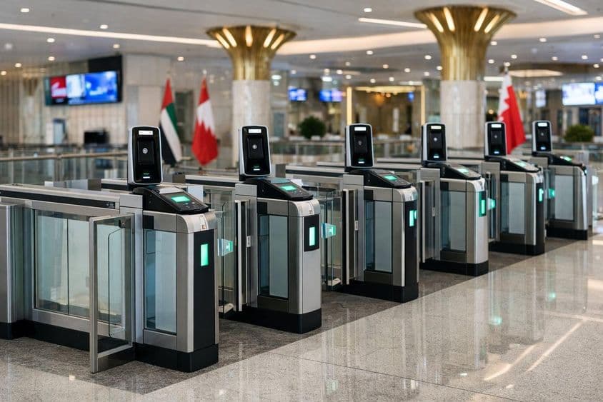 Kontrolné brány na letisku v Dubaji.