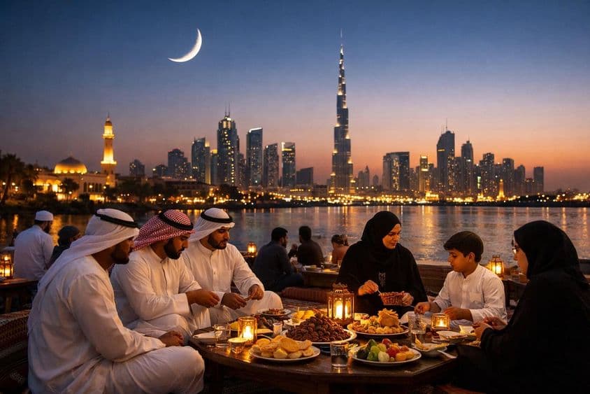 Ramadán večerní Iftar so siluetou Dubaja.