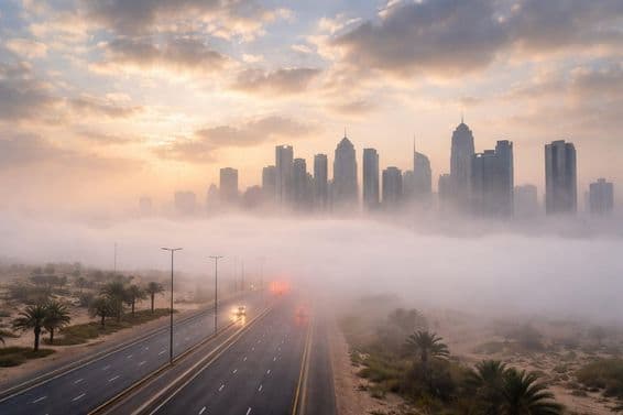 Mlhou zahalený Dubaj za úsvitu