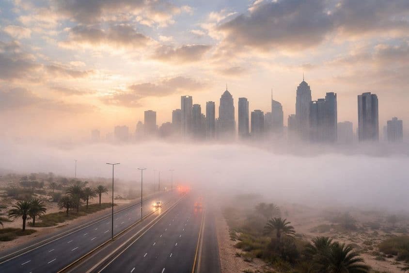 Mlhou zahalený Dubaj za úsvitu