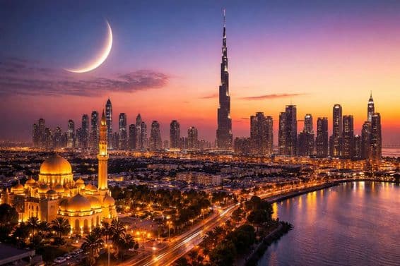 Mesiac kosáčik nad Dubajom počas Eid