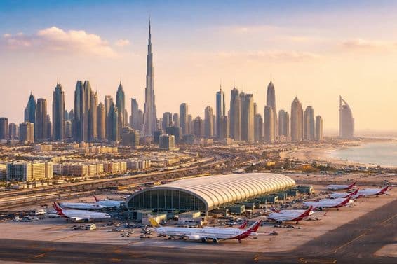Panoramatický pohľad na letisko v Dubaji
