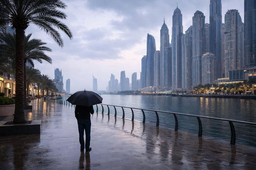 Daždivá atmosféra v Dubai Marina