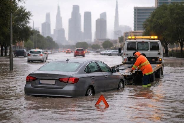 Auto na zaplavenej ulici v Dubaji
